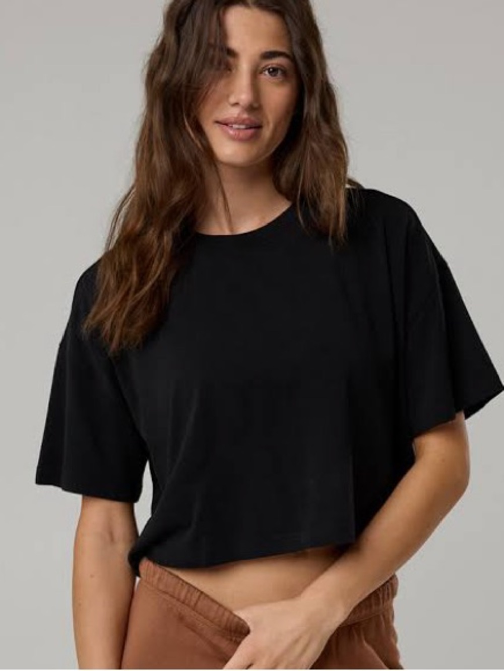Aerie Boxy Cropped Long Sleeve Tee Washed Black - Size XS